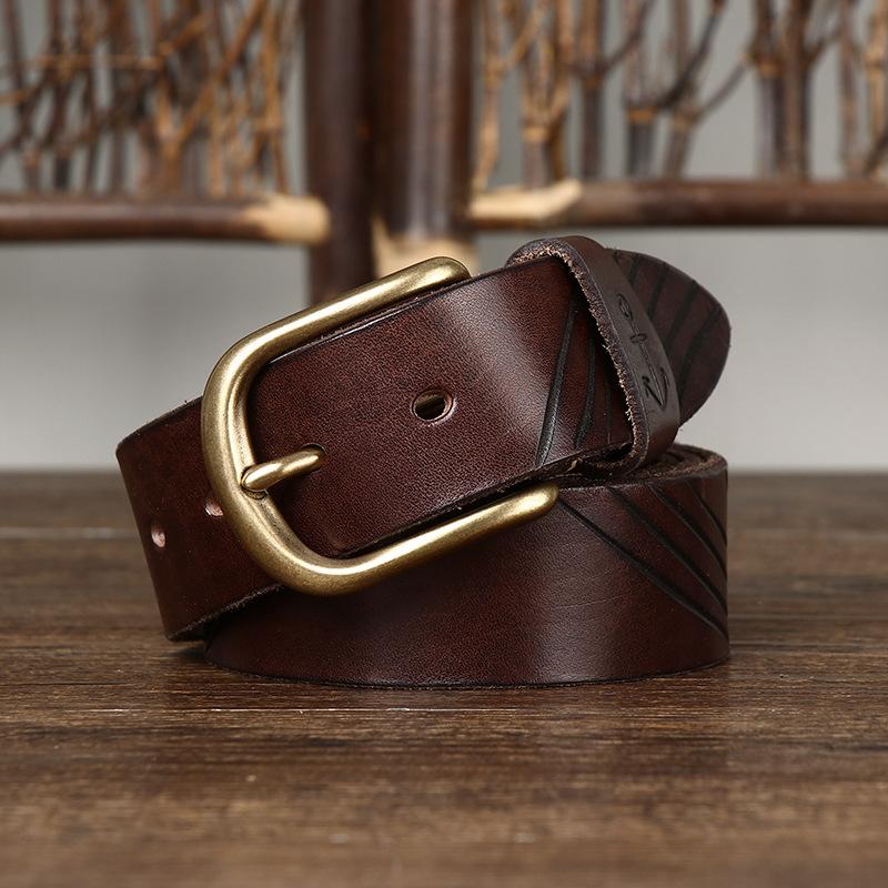 Hand-Carved Trendy Personalized Retro Belt Men'S Genuine Leather Pure Cowhide Casual Versatile Copper Buckle Jeans Belt