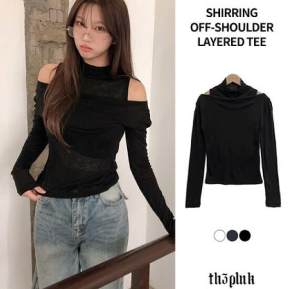 The Pink Off Shoulder Layered Sheer Long Sleeve Tee