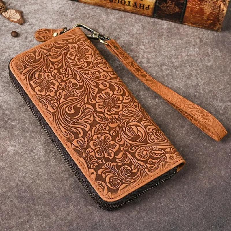 Johnature Crazy Horse Leather Long Wallet Men's Card Bag Retro Embossed Zipper Multi Card Holder Purse