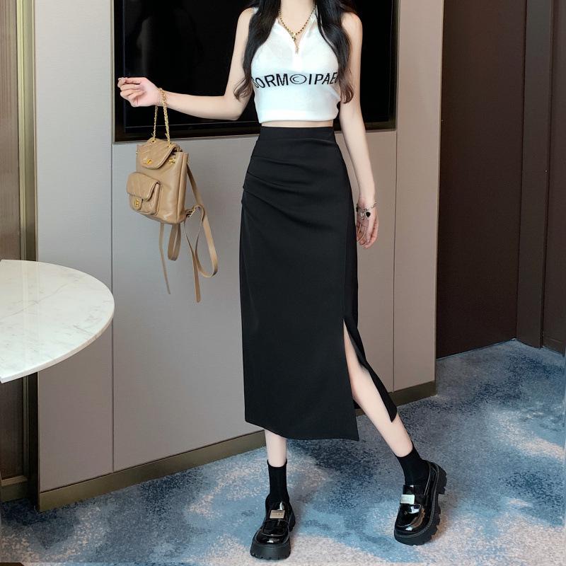 

2024 Women s High Waist Slimming A-Line Midi Skirt - Early Autumn Wrap with Slit 3XL чёрный