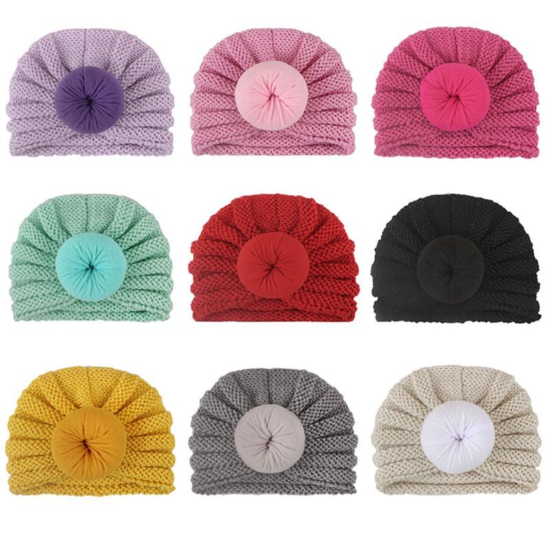 New new children's hats, baby solid color donut wool hats, Indian pullover hat dome