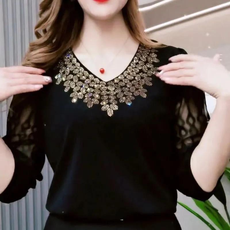 Women Summer Half Sleeve V-Neck Mesh Patchwork T-shirt Elegant Bottoming Shirt
