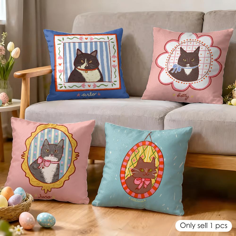 Cute Caroon Cat Portrait Cushion Cover Silky Short Plush Invisible Zipper Dustproof Sofa Pillow Case For Home Decor