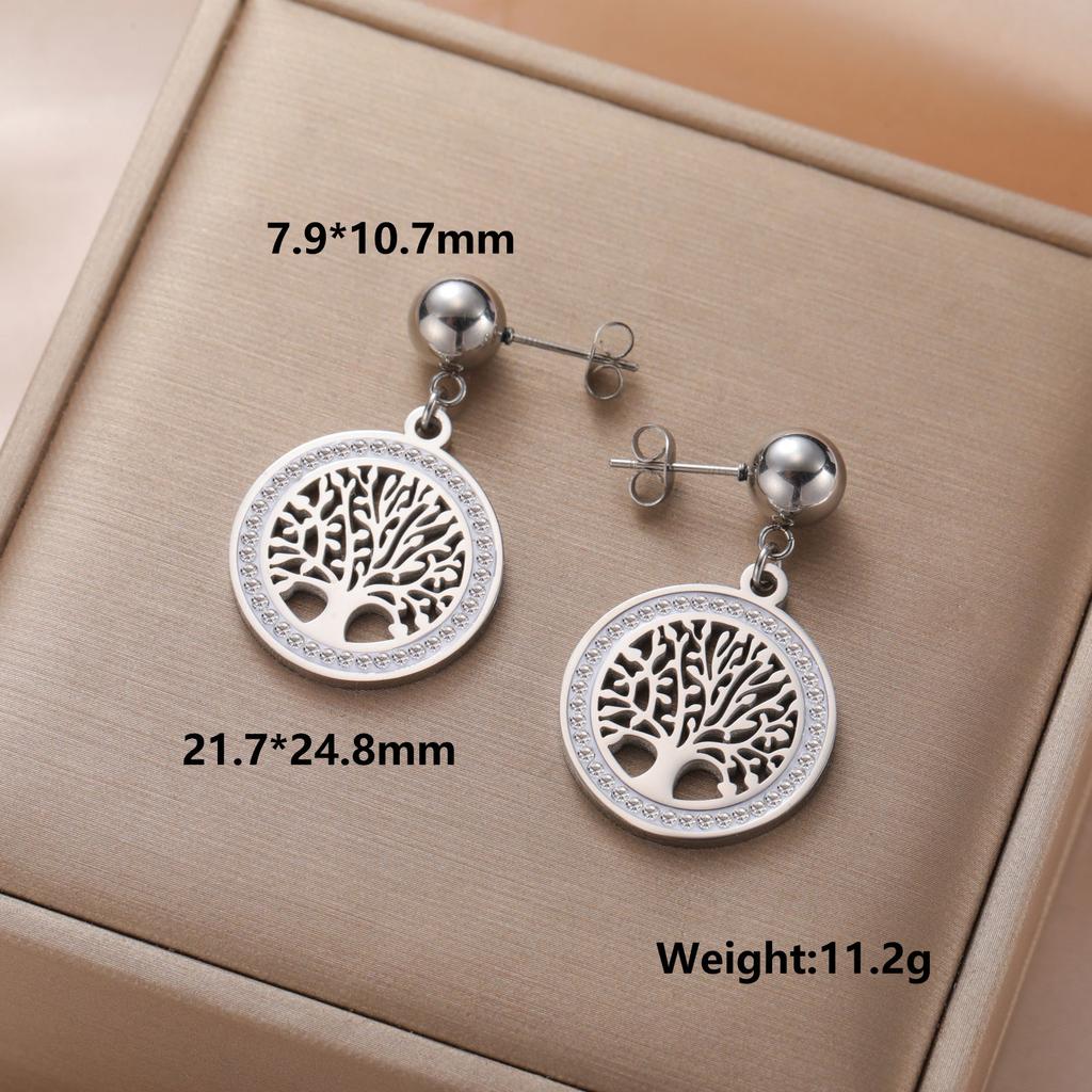 Lucktune Tree of Life Round Pendant Earrings for Women Stainless Steel Crystal Zircon Tree Earring Jewelry Valentine's Day Gifts
