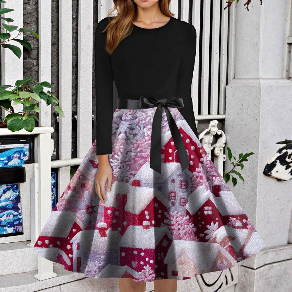 Women's Fashion Round Neck Slim-Fit Christmas Print Long-Sleeved Dress