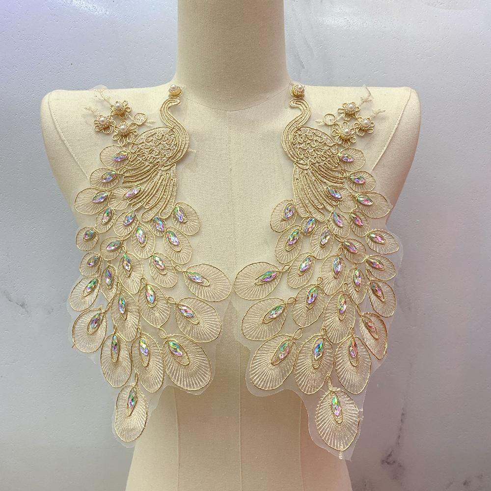 1Pair Black White Embroidered Peacock Rhinestone Decoration DIY Clothing Sewn Lace Applique