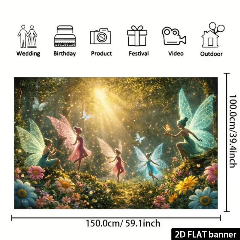 2D Verzauberter Wald Fee Kulisse Blumige Sonnenlicht Party Foto Booth Banner