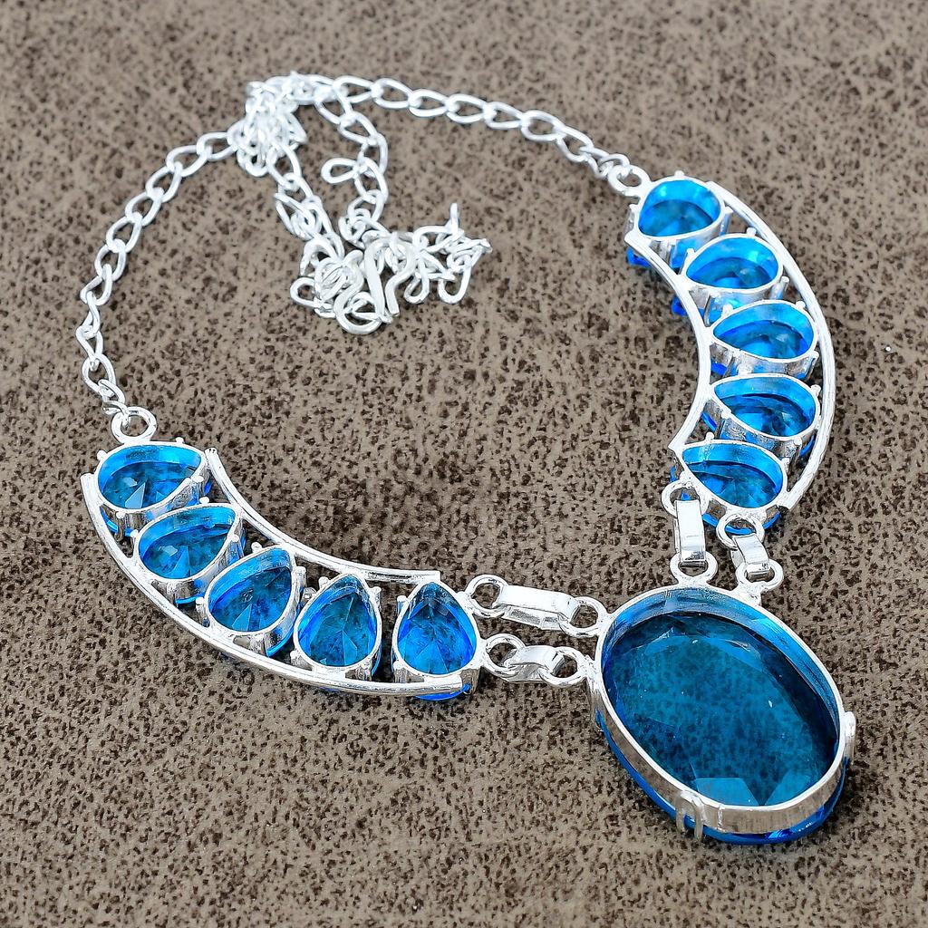Blue Topaz Gemstone Handmade 925 Sterling Silver Jewelry Necklace 18" KKG-428