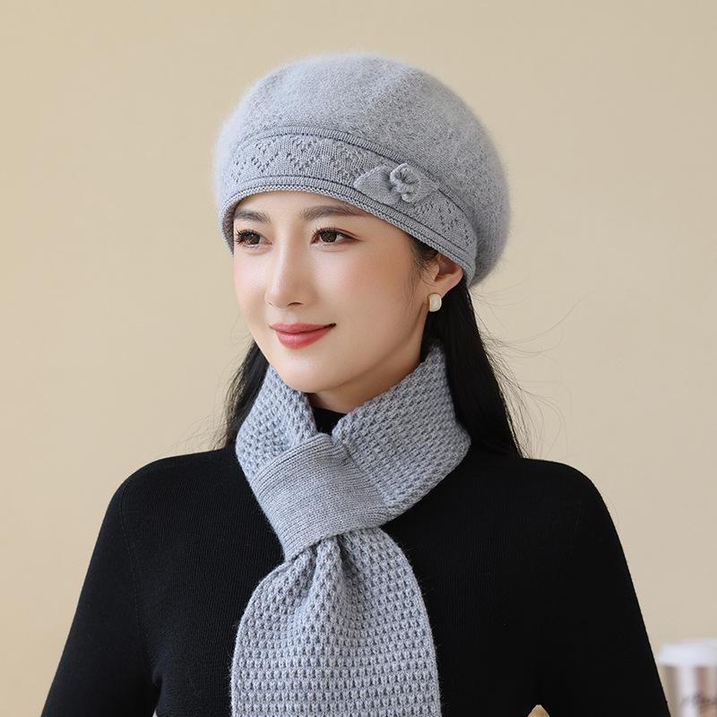 Chapeau d'hiver Béret en poils de lapin Pour les personnes âgées Chapeau thermique épais empilé Chapeau tricoté