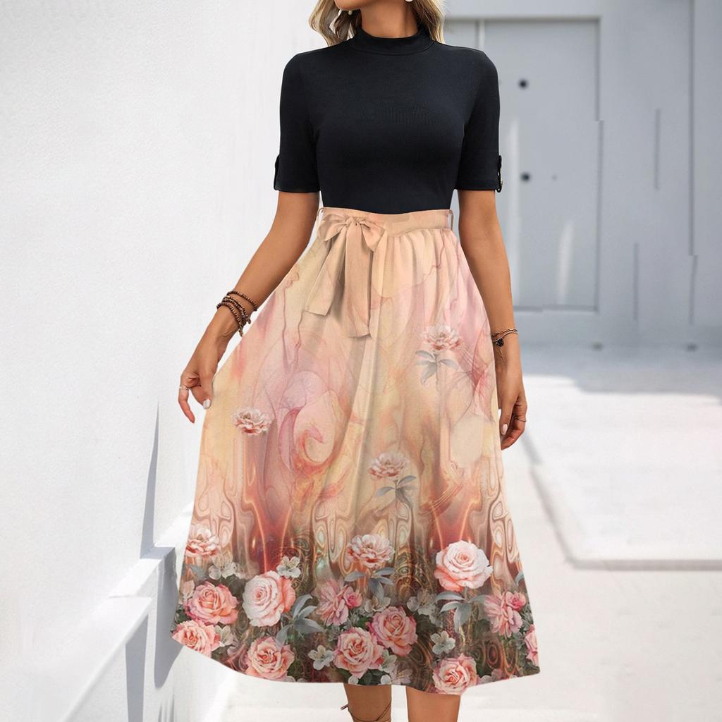 Women's Fashion Casual Belt Short Sleeve Round Neck Floral Elegant Temperament Dress