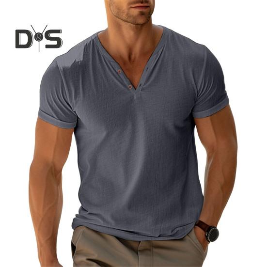 

Мужская футболка с воротником Генри, однотонная летняя футболка с коротким рукавом, повседневный топ из хлопковой смеси для повседневной носки, для путешествий на пляж M серый