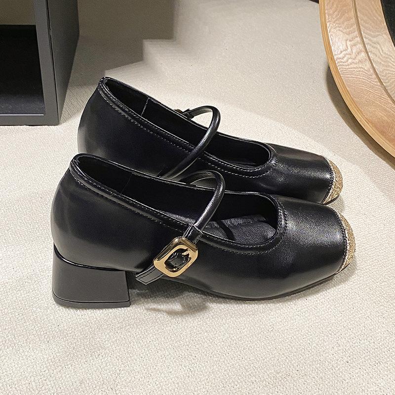 Small invisible inner height increase shallow thick heel single shoes trendy summer new square head high heel Mary Jane women's shoes