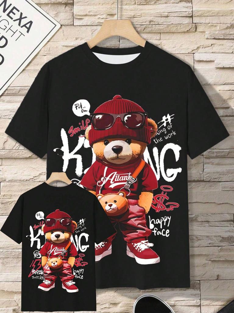 Summer Mens Street Cartoon Teddy Bear Pattern Tshirt Comfortable Casual Outdoor O-Neck Short Sleeve Polyester Fabric Tee Y2K Top