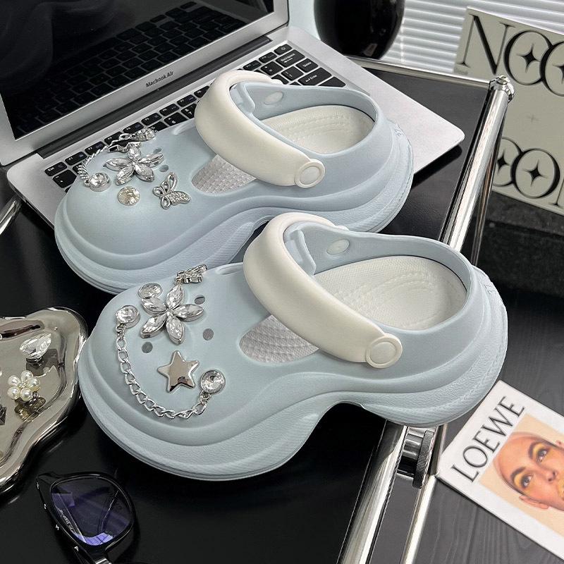 Baotou slippers versatile women's shoes spring and summer new rhinestone heightening non-slip new thick-soled hole shoes women