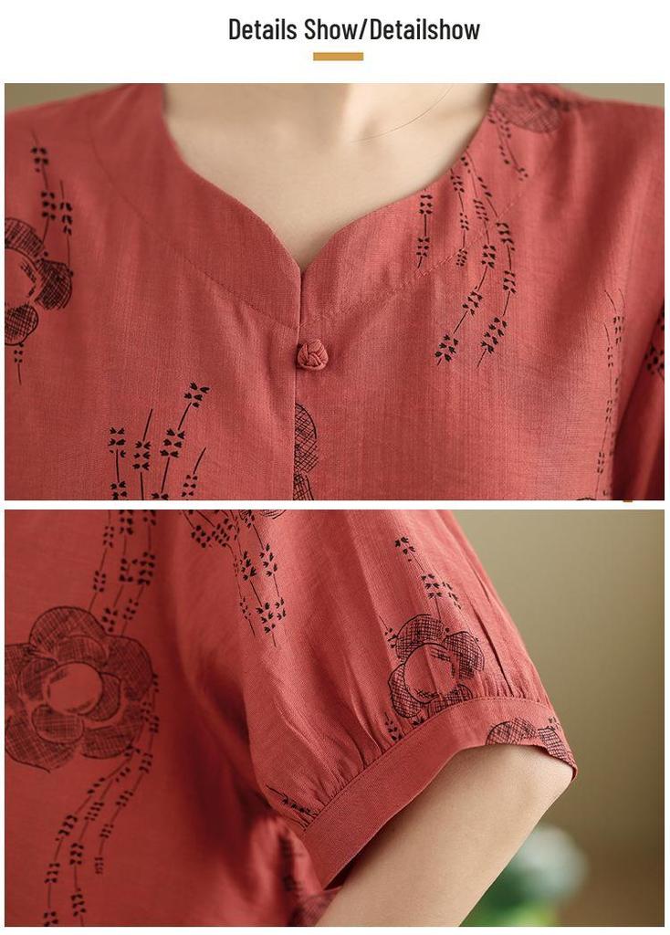 2026 Ethnic Style Tencel Linen Embroidery Women's Plus Size Summer Suit: Loose Slimming T-shirt + Pants Set