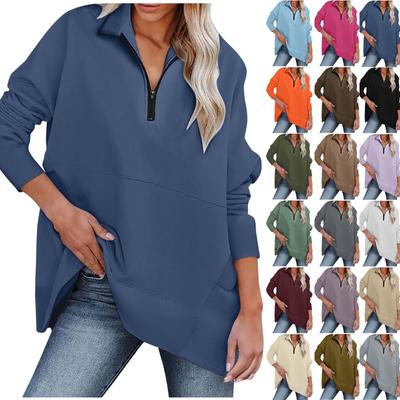 Women's Casual OversizedHalf Zippered Sports Shirt Long Sleeved Solid Color With Pocket Pullover Top