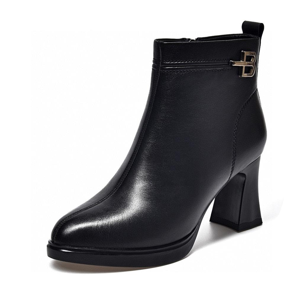 Leather boots women's new pointed waterproof table thick heel high heel fashion boots top layer cowhide cotton boots