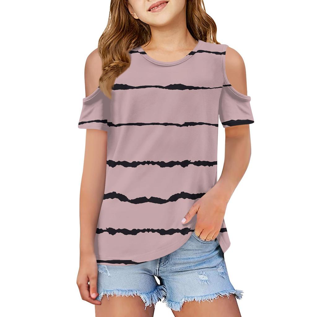 Children Summer Fashion Dew Shoulder Round Collar Leisure Striped T-shirt Coat