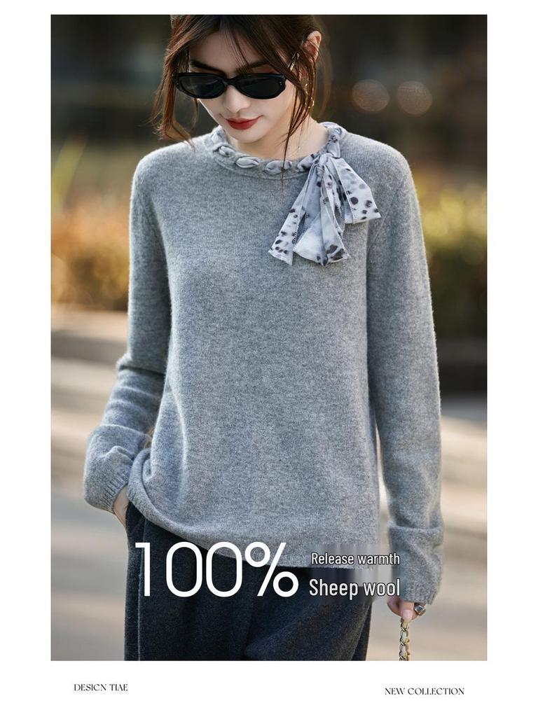 2025 Autumn/Winter Women's Loose Round Neck Ribbon Knit Sweater - Long Sleeve, Cozy Wool Jumper, Elegant Ladies' Top
