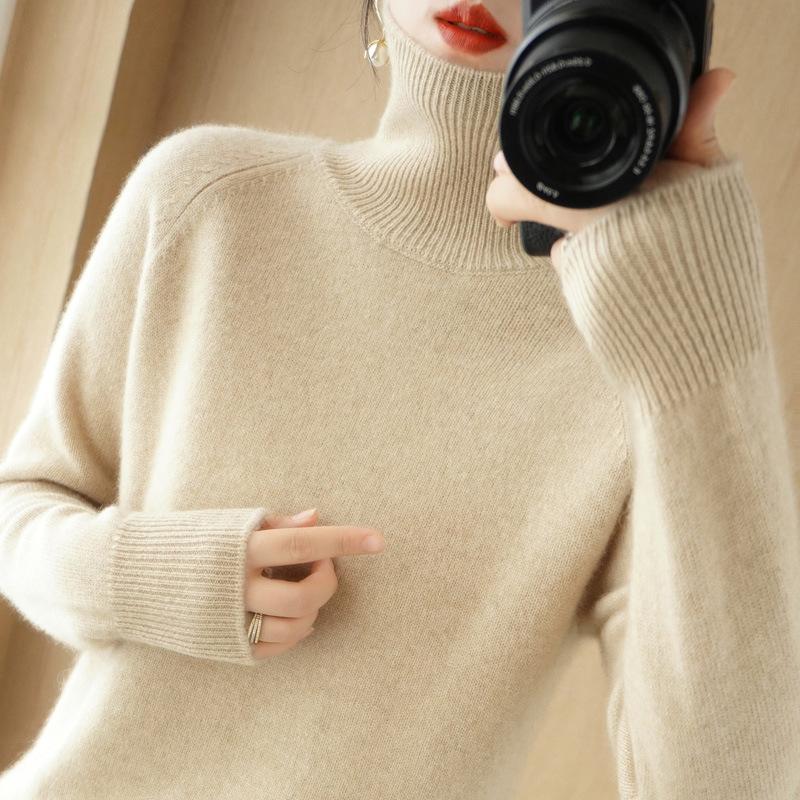Dames Høst Vinter Koreansk Stil Løs Høy Hals Ensfarget Raglanermer Kort Pullover Strikket Baseplagg