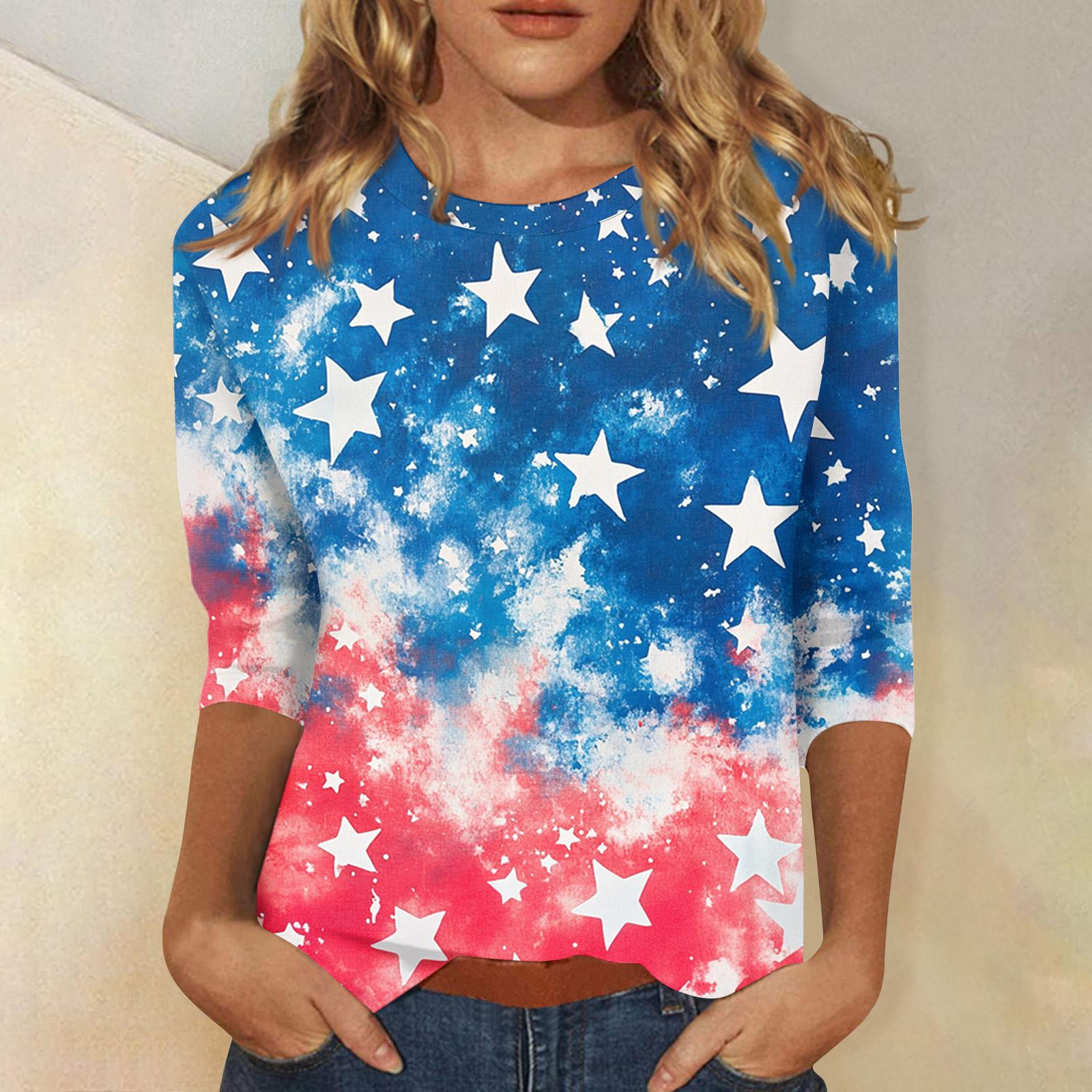 

Женские топы Рубашка с рукавом три четверти Круглый вырез Свободная повседневная рубашка Футболка с принтом XXL синий