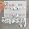 9 Pairs Stud Earrings Bright Silver Mirror Polished Hearts Snowflake Cubic Zirconia Faux Pearls Geometry Design Ear Studs