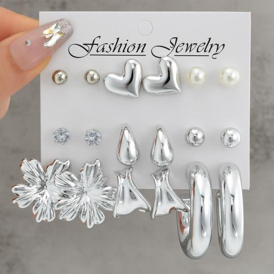 9 Pairs Stud Earrings Bright Silver Mirror Polished Hearts Snowflake Cubic Zirconia Faux Pearls Geometry Design Ear Studs