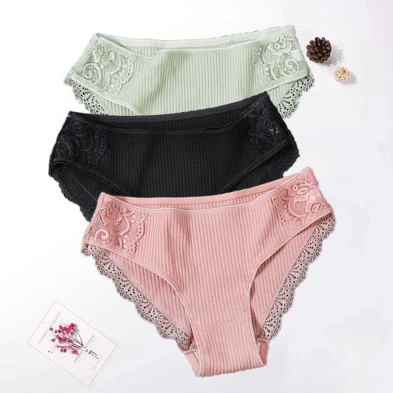 Floral Lace Cotton Women Panties Underwear Women Briefs Comfortable Female Underpants Solid Color Pantys Lingerie M-XXL 3PCS/Set