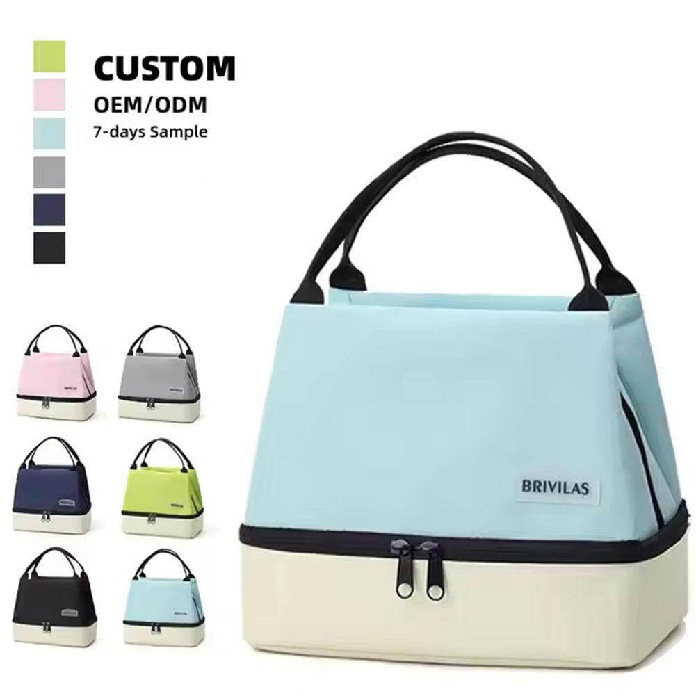 Fashion Color-blocked Double-layer Lunch Bag Fashion Dopamine  Bento Insulated Pack Portable Food Handheld Insulation Bag