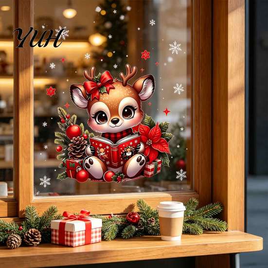 Christmas Party Decoration Supplies Deer Wall Sticker, PVC Elk Decal for Glass Windows Holiday Decorative Patterns Home Decor, Waterproof Removable