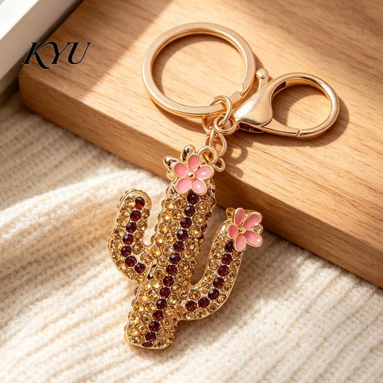 Decorative Car Key Ring Bling Rhinestone Cactus Keychain, Pink Flower Metal Pendant Keyring Pendant, Handbags Backpacks Purse Charm Accessory Keys