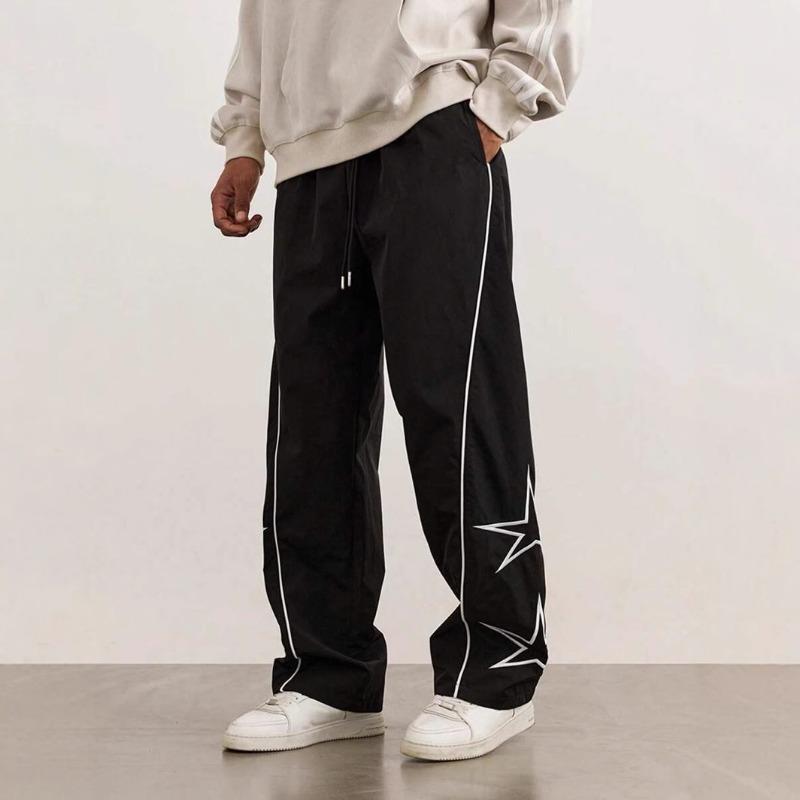 Men Side Striped Drawstring Casual Pants Loose Wide Leg Elastic Waist Street Sport All Season Trousers S чёрный