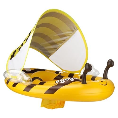 Baby Swim Ring with Cover and Leg Holes, Cute Bee Design, UV Protection SPF50+, Removable Sunshade, Suitable for Children 6 Months-3 Years Old (Yellow