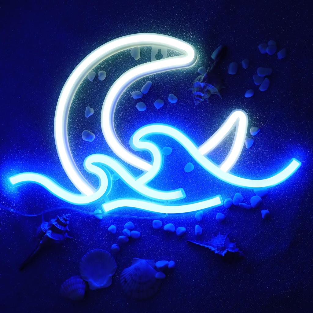 ENUOLI Neon Sign, Neon Light, Room Light, Moon, Wave, Wall Hanging, Interior Decor, Wall Decoration, Birthday Gift, Shop, Bar, Home, Coffee Shop,