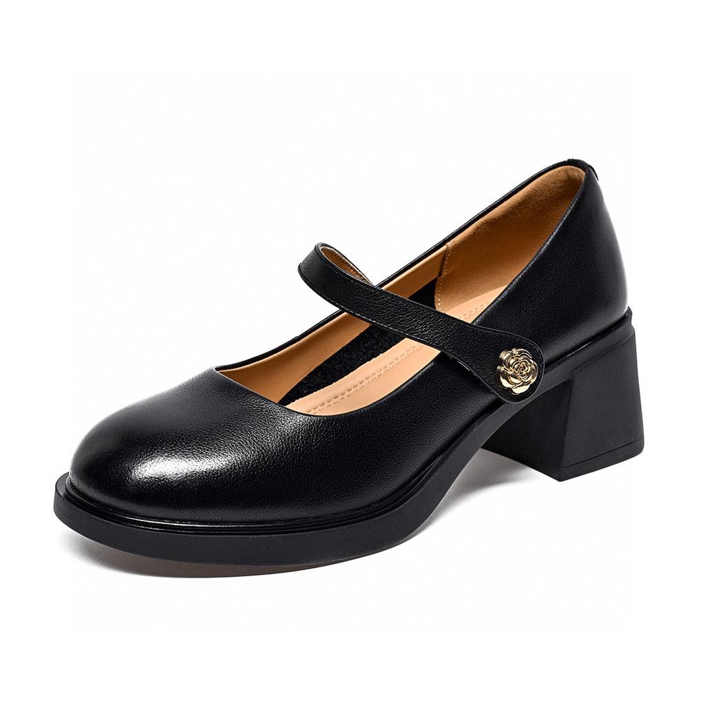 Round Head Mary Jane Shoes Women's Spring and Summer New Light Mouth One-word Thick Heel Single Shoes Four Seasons College Style High Heels