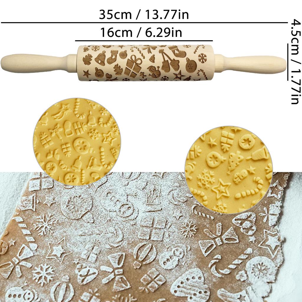 Wooden Rolling Pin for Christmas, 3D DIY Engraved Embossing Rolling Pins with Xmas Reindeer Flower Pattern, for Baking Cookies