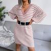 Herbst Winter Damen Locker Gestricktes Kleid Langarm V-Ausschnitt Streifen Aushöhlen Wollig