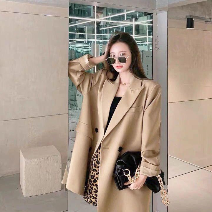 Women's Trendy Khaki & Black Loose Suit Top - Slimming Korean Style for Spring/Autumn