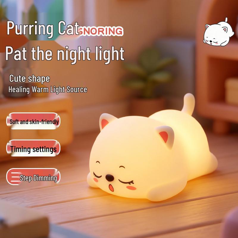 Snoring Cat Silicone Night Light for Kids - Soft Glow Bedside Lamp with Eye Protection