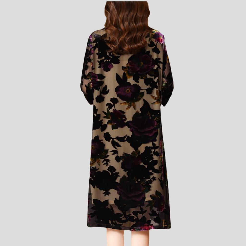 Spring and Summer Women's Plus Size Dress Loose Retro Round Neck Velvet Dress A-Line Long Floral Dress