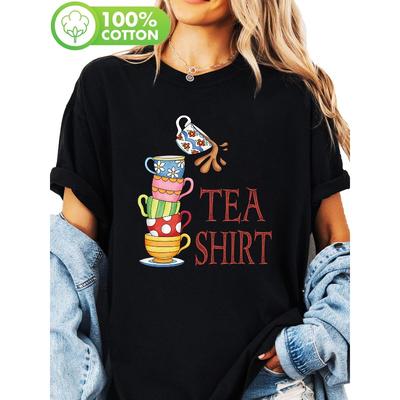 Cute and Interesting Teacups Placed Among A Pile of High Cups, Printed T-Shirts, Short-Sleeved Round-Neck Casual Tops, for Summer and Spring,