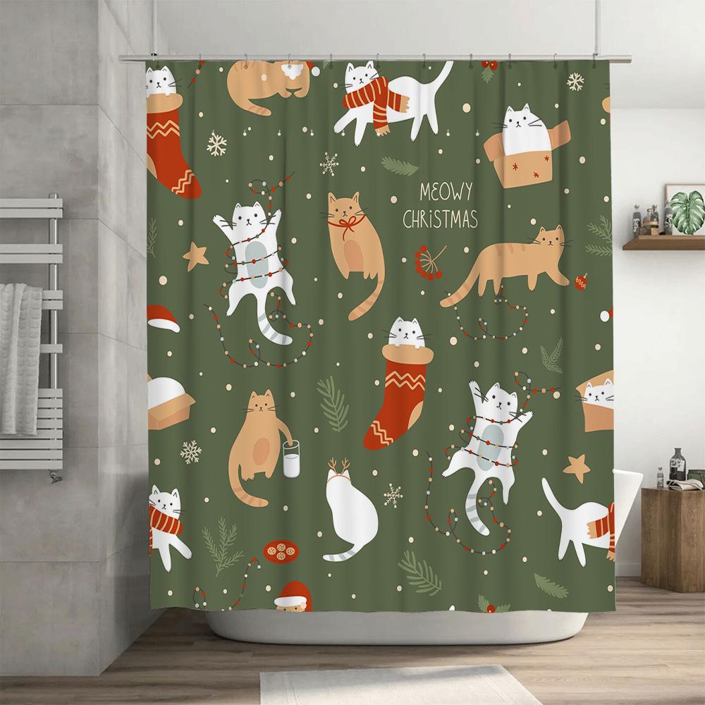 Vintage Cat Christmas Shower Curtain Festive Feline Home Decor for Bathroom Walls in Red Green Orange White Black Floral Pattern