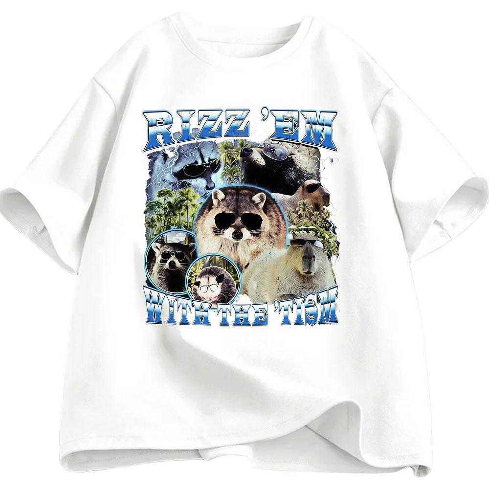 Rizz Em with The Tism Fun Dolphin Raccoon Tshirt Summer Mens Womens Casual Cotton Fashion Oversized Street Y2K Tshirt