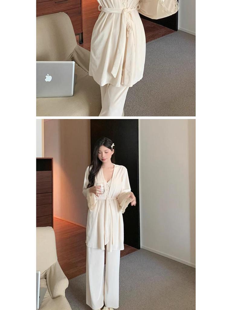 Złote aksamitne piżamy z koronkowym wykończeniem: Damski Seksowny Zestaw Trzyczęściowy Kamizelki z Wkładkami na Biust na Jesień/Zimę