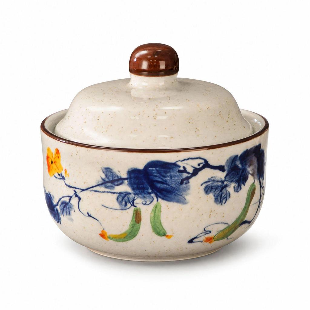 Retro Chinese Ink Wash Style Ceramic Stew Pot with Lid - Single Serving Double Boiler and Steamed Egg Bowl.