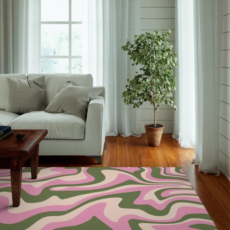 Grün-rosa gewellter Trippy-Teppich, Funky-Retro-Teppich in dänischen Pastellfarben für Schlafzimmer, ästhetischer Retro-Teppich für Wohnzimmer, Y2k-Dekor, Teppiche