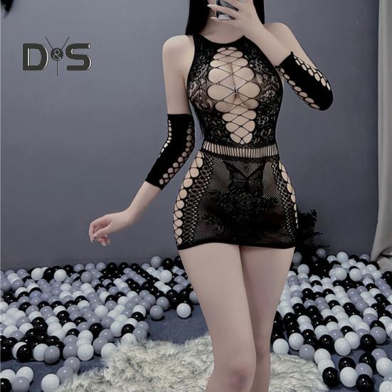 Ensemble de couverture de manches de chemise de nuit sexy évider dentelle élastique transparente maigre couleur unie douce ultra courte épaule dos nu séduisant pornographique
