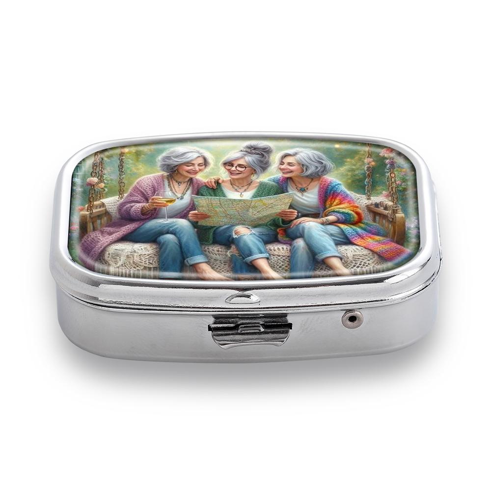Portapillole Portatile con 2 Scomparti, Mini Custodia Organizer in Metallo per Medicine, Carino Contenitore Stampato per Pillole, Vitamine, Gioielli, Viaggio, Uso Quotidiano