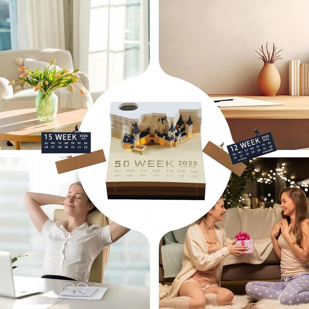 3D Memo Pads Calendar 2026,Magic Castle 3D DIY Art Memo Pad with Lights,Time Piece Calendar 2025 Tear Away Carving Sticky DIY Post Craft(Magic Castle)