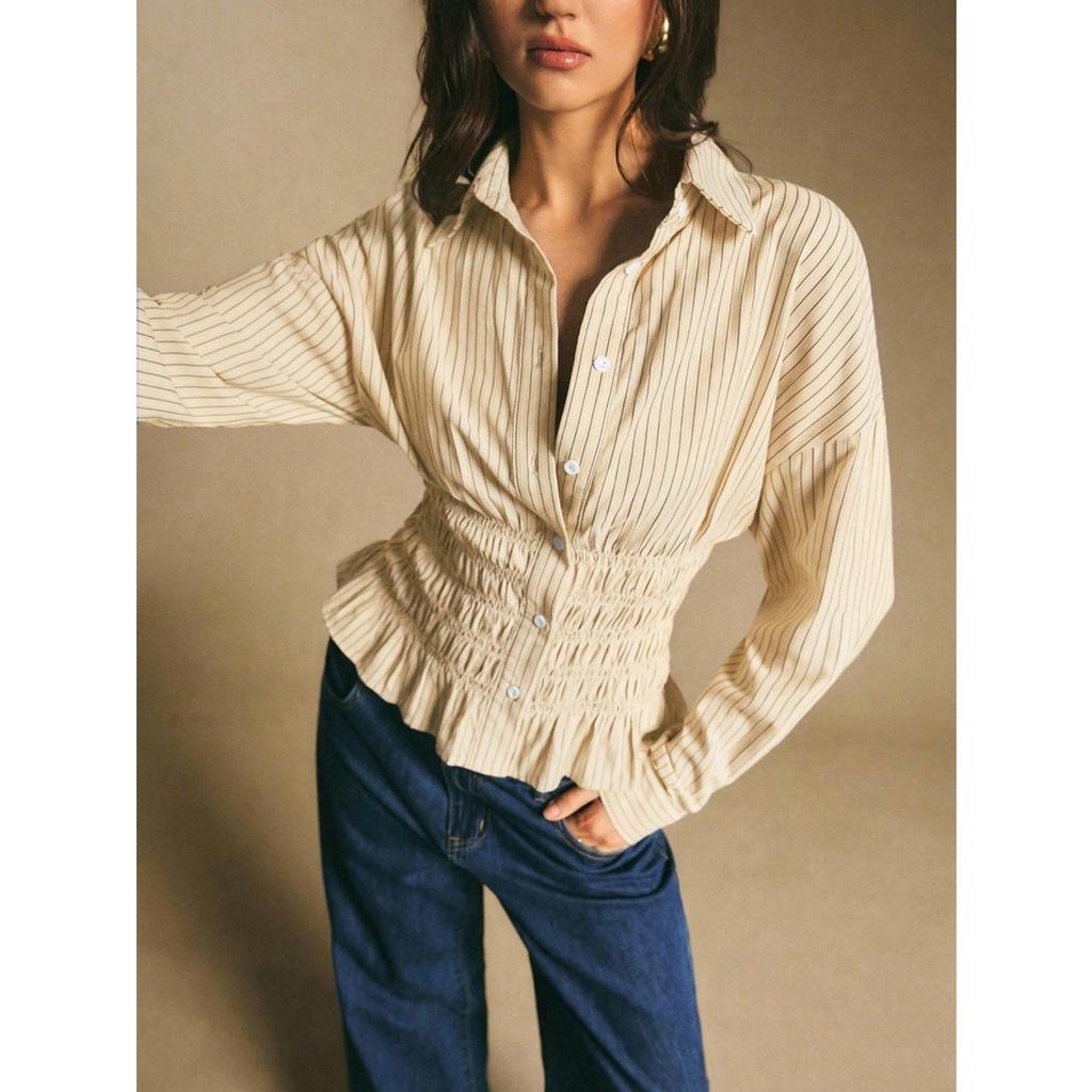 New Retro Plaid Waist Cinching Short Top with Elastic Waistband for Slimming Effect, Featuring A Lapel and Long Sleeved Plaid